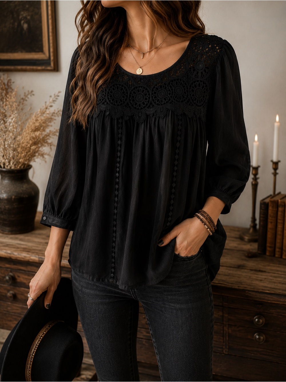 Figueroa & Flower Black Crochet Lace Boho Blouse Medium 3/4 Sleeve Peasant Top